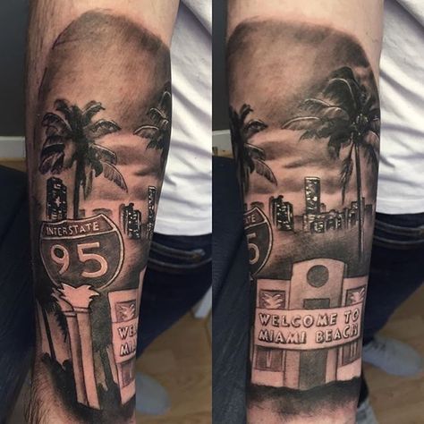 Florida Leg Sleeve Tattoo, Miami Skyline Tattoo, Florida Tattoo Sleeve, Florida Tattoos For Men, Florida Sleeve Tattoo, La Theme Tattoo, Miami Tattoo Ideas Men, Florida Tattoo Ideas For Men, Miami Tattoo Ideas