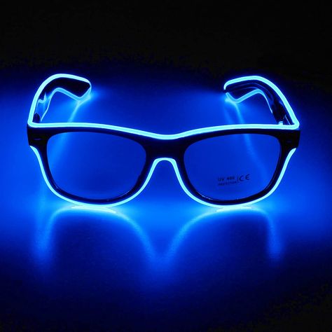 PRICES MAY VARY. It is pretty cool and ATTRACTIVE and make you the star of parties. Fun for parties, shows, rave concerts and festivals. High-quality EL wire brings excellent visual effect and longer continuous glow time at night. Stylish sunglasses frames WITH CLEAR LENSES provide you with a sense of style. Easy to use. Single-button design. Press the button on the battery pack to change the EL glasses to light in any one of four modes: steady glow / blinking / FLASHING / off. Ergonomic design Led Sunglasses, Rave Glasses, Neon Rave, Rave Concert, Light Up Costumes, El Wire, Last Minute Costumes, Sensor Night Lights, Stylish Sunglasses