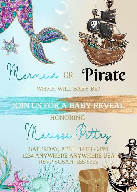 Mermaid Or Pirate Gender Reveal, Beach Gender Reveal, Disney Gender Reveal, Mermaid Ideas, Baby Gender Reveal Party Decorations, Gender Reveal Party Theme, Gender Reveal Themes, Gender Reveal Party Invitations, Baby Reveal Party