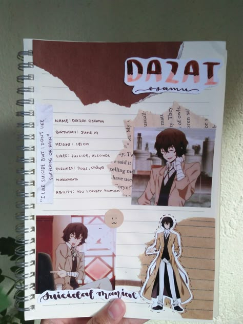 Dazai Journal, Journal Inspiration Writing, Anime Journal, Bulletin Journal Ideas, Bullet Journal Diy, Cute Journals, Bullet Journal Design Ideas, Diary Ideas, Anime Crafts