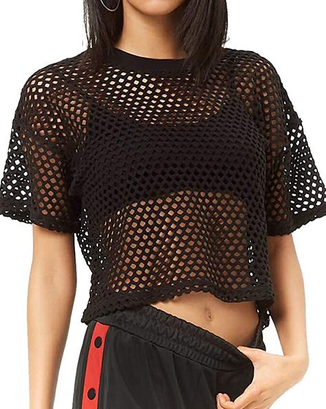 CLOZOZ Women's Mesh Net See Through Fishnet T-Shirt Crop Top (Small, Black) at Amazon Women’s Clothing store 1990 Style, Look Grunge, Fishnet Top, T Shirt Crop Top, Mesh T Shirt, Mesh Shirt, Cropped Tops, Solid Clothes, Casual Attire