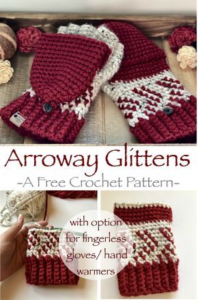 Arroway Glittens- A Free Crochet Pattern by A Purpose and A Stitch. With instructions for converting pattern to hand warmers/ fingerless mittens. Crocheted Mittens, Crochet Mitts, Crochet Hand Warmers, Crochet Mittens Free Pattern, Crochet Mittens Pattern, Mochila Crochet, Beau Crochet, Glove Pattern, Crochet Gloves Pattern