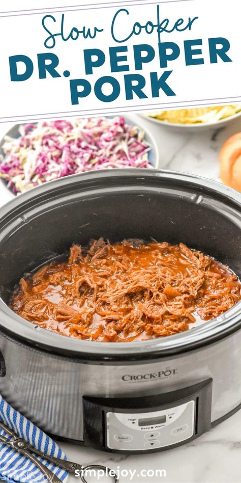 Dr. Pepper Pulled Pork is an easy slow cooker recipe that your family will adore. Made with simple ingredients and the best homemade BBQ sauce, this is a home run! Pulled Pork Crock Pot Recipes Bbq, Dr Pepper Pulled Pork Crock Pot, Pulled Pork Crock Pot Recipes, Best Homemade Bbq Sauce, Pork Crock Pot Recipes, Slow Cooker Pepper Steak, Dr Pepper Recipes, Pulled Pork Crock Pot, Bbq Pork Crockpot