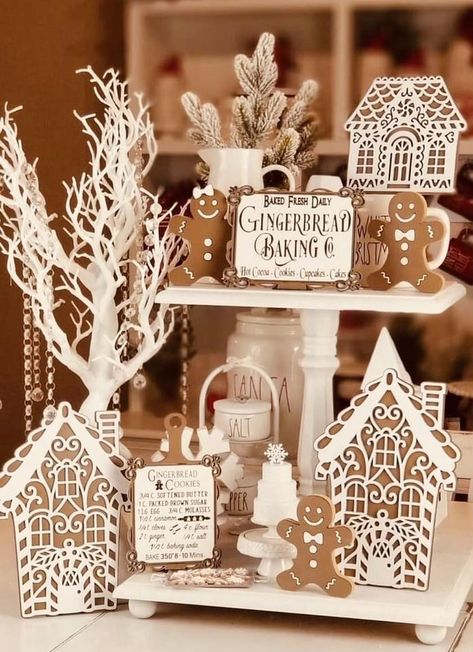 Neutral Gingerbread Christmas Decor, Neutral Gingerbread Decor, Gingerbread Display, Gingerbread Kitchen, Trendy Christmas Decor, Gingerbread Decor, Tray Decor Christmas, Tier Trays, Gingerbread Crafts