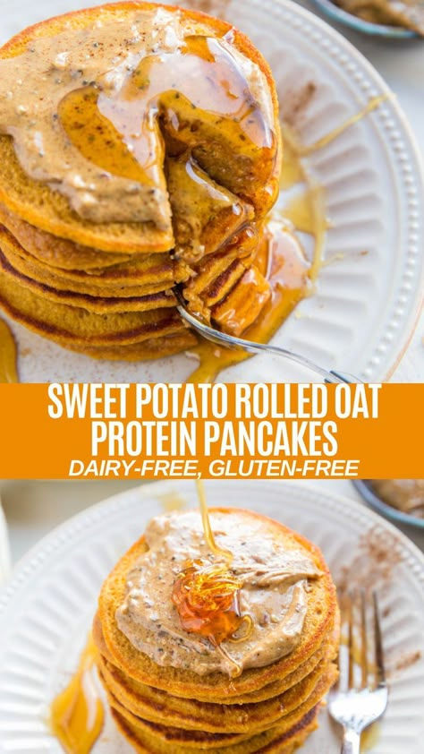 Oat Protein Pancakes, Sweet Potato Pancakes Recipe, Sweet Potato Rolls, Gluten Free Sweet Potato, Healthy Pancake Recipes, Sweet Potato Pancakes, Sweet Potato Protein, Stuffed Sweet Potato Healthy, Cooking Sweet Potatoes