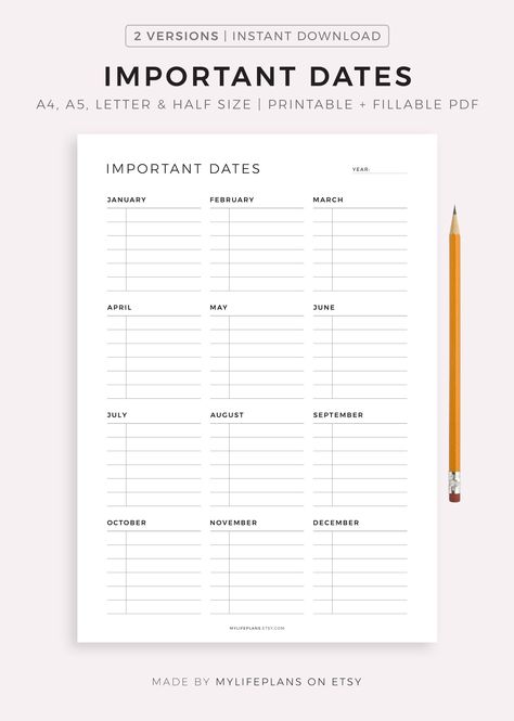 "Blank Calendar Bundle: https://www.etsy.com/listing/1083569231 Whole Shop Bundle: https://www.etsy.com/listing/1084015205 Track your Important Dates. You can use this printable to remind you of birthdays and anniversaries. Or use it as a calendar -- writing down the important events travel, parties, doctor appointments, car maintenance, etc. for each month. Just download, print and get started right away! Product information: * Your purchase includes A4, A5, Letter, Half Letter and Fillable(A4) Important Dates Bullet Journal, Important Dates Printable, Adulting 101, Apartment Checklist, Work Goals, Tv Series To Watch, Bujo Ideas, Binder Organization, Hole Punches