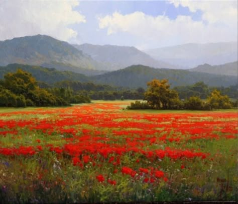 Poppy Landscape, Poppy Fields, Landscape Reference, Watercolour Inspiration, Landscape Photography Nature, Landscape Art Painting, Traditional Landscape, Watercolor Landscape Paintings, Landscape Artwork