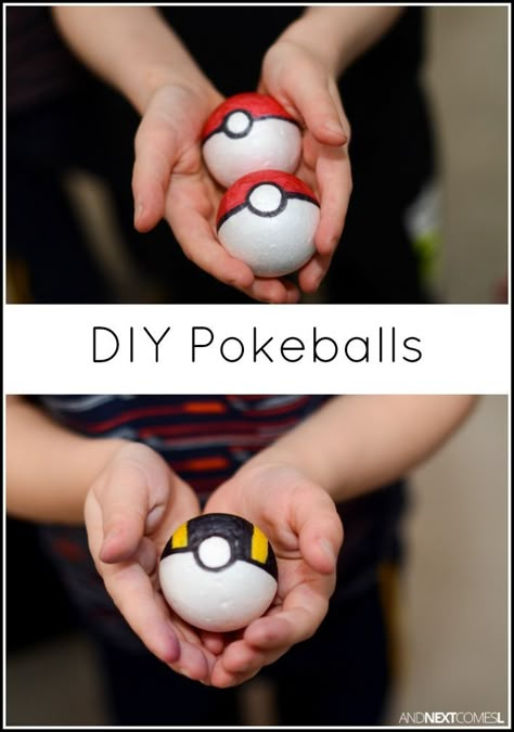 How to make DIY Pokeballs for kids - a great homemade toy and gift idea for Pokemon fans from And Next Comes L Pokemon Balls, Diy Pokemon, Market Day Ideas, Pokemon Costumes, Pokemon Diy, Pokemon Craft, Pokemon Birthday Party, Pokemon Party, Homemade Toys