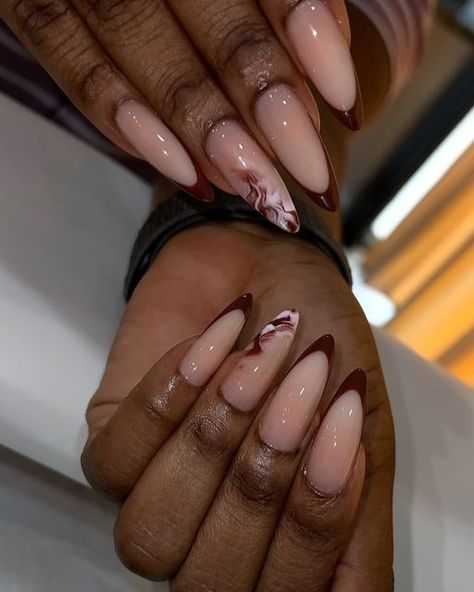 PRIV NAIL TECH ACCRA on Instagram Maroon Nail Inspo Acrylic, Brown And Rose Gold Nails, Brown Nail Designs Almond, Brown Marble Nails Design, Brown Nails Almond Shape, Nails Brown And Pink, Tan Ombre Nails, Fall Nude Nail Designs, Marble Tip Nails