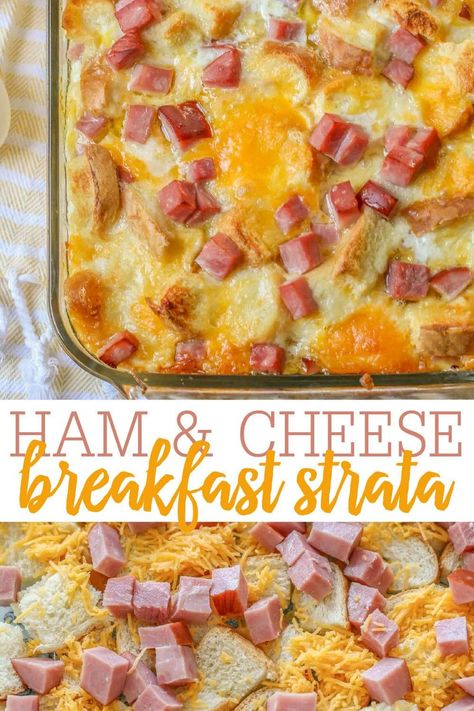 This breakfast strata is great for brunches, holidays, or a yummy family breakfast!! With buttery layers of bread, ham, cheese, and egg, this Strata recipe is guaranteed to please any crowd! #breakfaststrata #strata #breakfast #layeredbreakfast #easybreakfast Egg Breakfast Casserole With Bread, Egg Bake Recipes With Bread, Ham And Cheese Egg Bake Bread, Bacon And Cheese Breakfast Strata, Breakfast Egg Bake With Bread, Sourdough Breakfast Bake, Ham And Cheese Strata Egg Casserole, Egg Bake With Bread Cubes, Bacon Egg And Cheese Strata