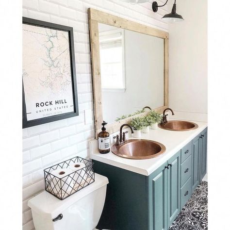 Follow The Yellow Brick Home - Beautiful Vintage Bathroom Ideas Using VIntage Repurposed Furniture and Accessories To Create Vintage Bathroom Style Bathroom Renovation Diy, Farmhouse Bathroom Sink, Copper Sink Bathroom, Diy Bathroom Makeover, Copper Bathroom, Decor Quotes, Diy Bathroom Remodel, Double Sink Bathroom, Double Sink Bathroom Vanity