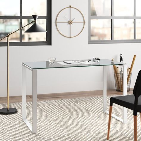 Glass Desk Ideas, Glass Top Desk, Minimalist Desk, Family Photo Frames, Contemporary Desk, Grey Desk, Glass Desk, Color Frame, Office Furniture Modern