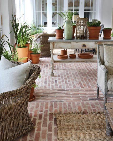 Brick Patio Floor, Brick Floor Screened In Porch, Limewash Brick Patio, Klompie Brick Paving, Courtyard Brick Pavers, Courtyard Paving, Bricks In Landscaping, Brick Floor Garden, Brick Terrace