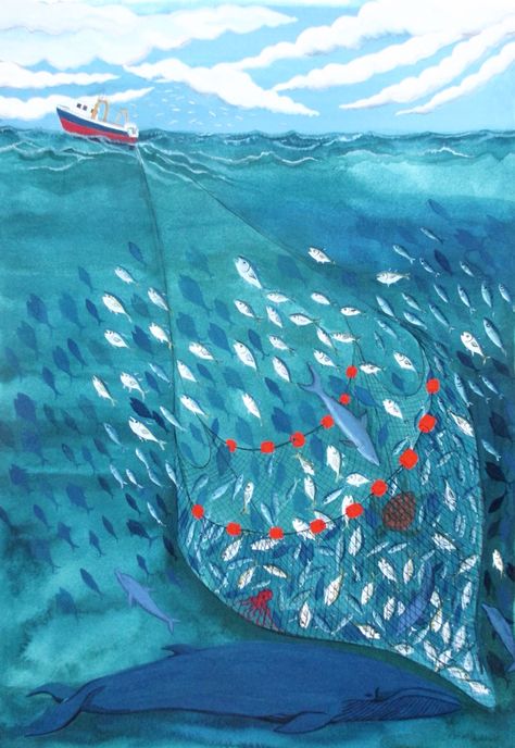 Over Fishing Illustration, Fishing Net Illustration, Fishing Boat Illustration, Fishing Illustration, Ethical Art, Fishing Trawler, Underwater Drawing, Whale Fish, Fishing Boats For Sale