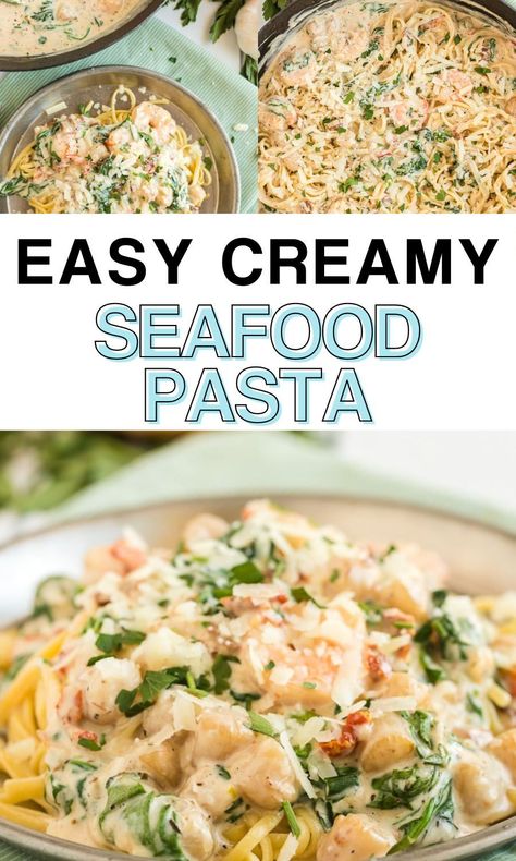 Scallop And Shrimp Pasta, Scallops And Pasta, Sour Cream Pasta, Shrimp Pasta Recipes Creamy, Seafood Pasta Bake, Scallop Recipes Pasta, Creamy Seafood Pasta, Creamy Seafood, Scallop Pasta