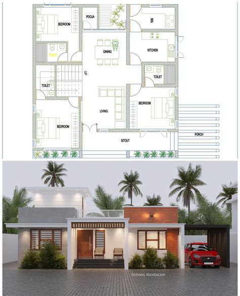 Luxury Ranch House Plans, Small House Design Kerala, Small Modern House Plans, 2bhk House Plan, Bungalow Style House, Kerala House, Minimal House, Bungalow Style House Plans, House Balcony