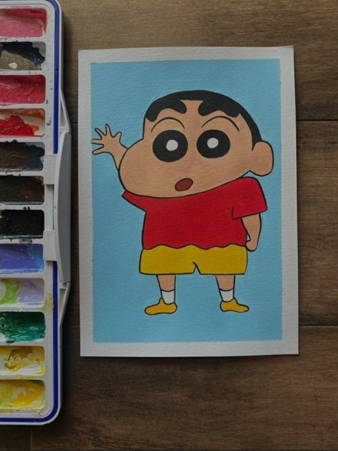 Drawing Of Sinchan, All Cartoon Drawing, Unique Small Drawings, Tiny Character Drawing, Shinchan Polaroid Drawing, Shinchan Painting Easy, How To Draw Shinchan Easy, Shinchan Mini Canvas Painting, Sinchan Drawing Cute