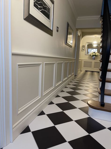 This hallway was drab and didn’t suit the house when we bought it. It had an inner door and under stair cupboard that made it all very cramped. We replaced the rotting stairs with a new 15 riser staircase with oak treads and custom made a stunning metal banister. The new wainscoting and black white cathedral floor tiles are incredible with the whole space painted Farrow & Ball Slipper Satin. Victorian Hallway Flooring, Black And White Hallway Floor, Black And White Tiled Hallway, Black And White Tile Hallway, Black And White Tiles Hallway, Checkered Hallway, Hallway Wainscotting, Lambriseringen Gang, Hallway Aesthetic