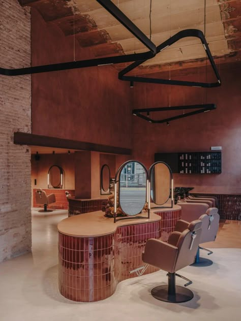 Organic Hair Salon, Salon Lighting, Hair Salon Interior, Copper Tiles, Grey Exterior, Natural Interior, Exposed Brick Walls, Hotel Interior Design, London House