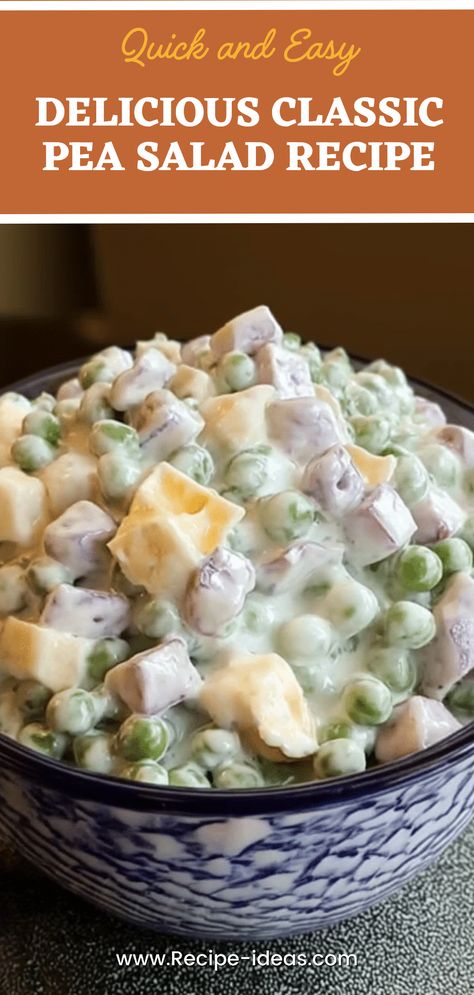 Delicious Classic Pea Salad recipe, featuring fresh peas and creamy dressing. Perfect side dish for potlucks and barbecue events. Peas And Cheese Salad, Pasta Pea Salad Recipes, Peas And Onions Side Dish, Pea Salad With Canned Peas, Chic Peas Recipes Snacks, Best Pea Salad Ever, Pea Salad With Eggs, Pea Casserole Recipes, Canned Pea Recipes