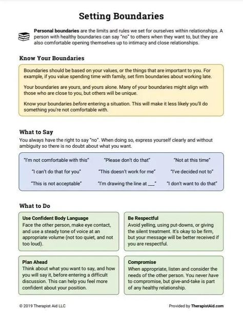 When you’re in a healthy relationship, you and your partner respect each other’s personal boundaries. As with learning to develop empathy, knowing how to set boundaries can often be challenging. This worksheet provides tips, strategies, and important reminders to help you learn to be comfortable setting personal boundaries in any relationship. Healthy Boundaries Worksheets, Setting Boundaries Worksheet, Healthy Boundaries Relationships, Therapist Notes, Boundaries Worksheet, Relationship Worksheets, Boundaries Quotes, Relationship Boundaries, Personal Boundaries