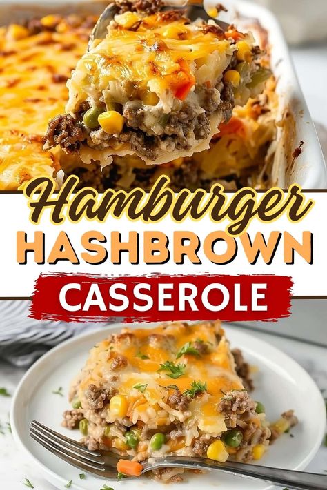 This hamburger hashbrown casserole is the epitome of comfort food! It's easy to make, budget-friendly, and so delicious! Hamburger Hashbrown Casserole, Hamburger Hashbrown, Shredded Hashbrown Recipes, Cheesy Hamburger Casserole, Hamburger Hash, Hashbrown Casserole Recipe, Hamburger Casseroles Recipes, Cheesy Hashbrown Casserole, Frozen Hashbrowns