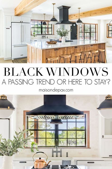 Learn more about black windows and other popular window trends to help you decide the best window options for your home's interior and exterior. AD #window #modernfarmhouse #windows Window Jamb Ideas, Black Exterior White Interior Windows, Best Windows For House, Dark Exterior White Windows, Black Or White Windows, Homes With Black Windows, White Farmhouse Black Windows, Black Window Interior, Black Window Frames Interior