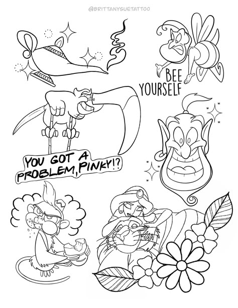 Disney Tattoo Sketches, Aladin Tattoo Ideas, Disney Flash Art, Disney Tattoo Designs Drawings, Disney Black And White Tattoo, Aladdin Tattoo Ideas, Disney Tattoo Drawings, Disney Sketch Tattoo, Disney Tattoo Designs