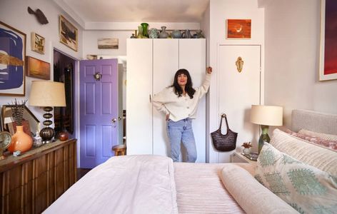 "I would say what’s unique about my home is that my upbringing both in the city and LA is reflected in my decor, art, photography."  Credit: <a href="https://www.apartmenttherapy.com/authors/erin-derby">Erin Derby</a> Studio Apartment Dresser, Studio Bedroom Ideas Layout, Tiny Main Bedroom Ideas, Small One Bedroom Apartment Ideas, Bedroom Ideas Layout, Studio Bedroom Ideas, Nyc Apartment Bedroom, One Bedroom Apartment Ideas, Tiny Nyc Apartment