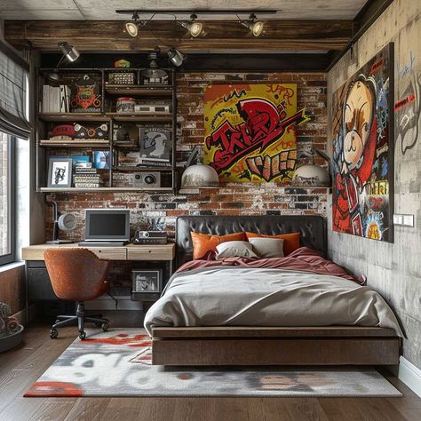 Industrial Teen Boy Bedroom, Street Style Bedroom, Minimalist Rooms, Modern Teen Boy Bedroom, Urban Bedroom, Bedroom Eclectic, Mens Bedroom Decor