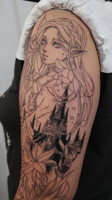 Hyrule Castle Tattoo, Legend Of Zelda Sleeve Tattoo, Legend Of Zelda Fairy Tattoo, Zelda Art Drawing, Zelda Inspired Tattoo, Zelda Sleeve Tattoo, Zelda Dragon Tattoo, The Legend Of Zelda Tattoo Ideas, Princess Zelda Tattoo