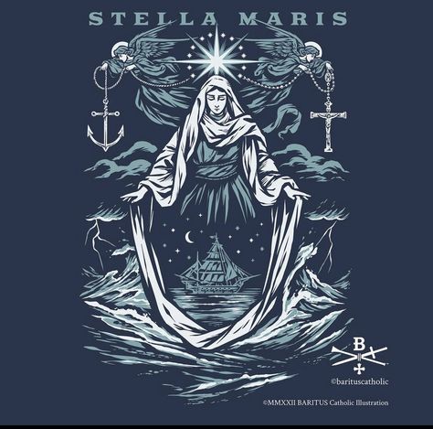 Baritus Catholic, Catholic Illustration, Catholic Artwork, Star Of The Sea, Catholic Wallpaper, Sea Tattoo, Stella Maris, Christian Symbols, Blessed Mother Mary