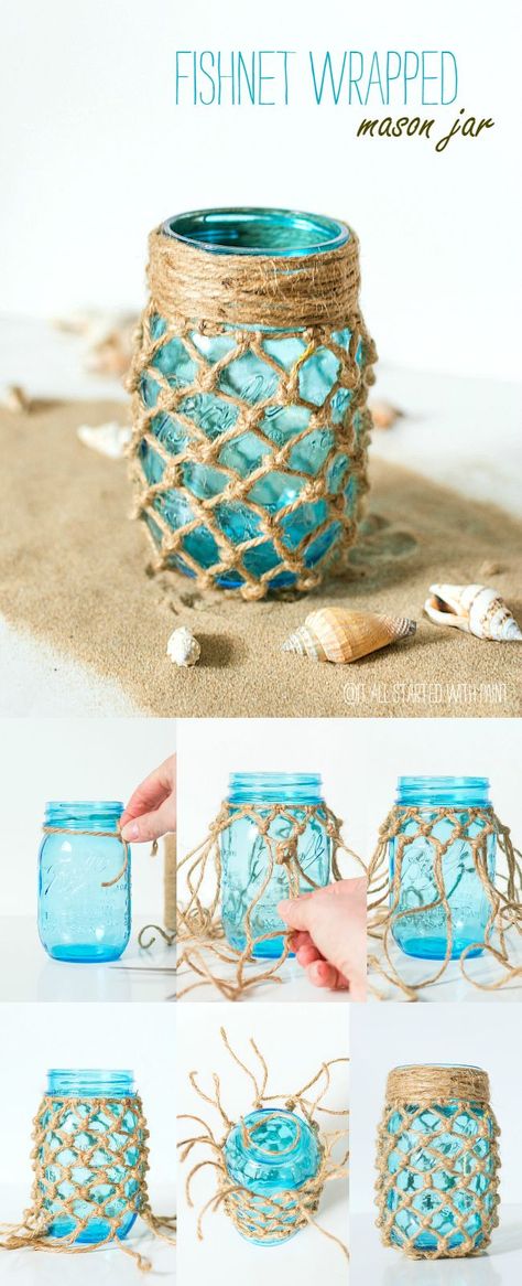 Mason Jar Crafts: Fishnet Wrapped Mason Tutorial using  Vintage Blue Mason Jar Toples Kaca, Mason Jar Projects, Blue Mason Jars, Diy Jar Crafts, Mason Jar Crafts Diy, Jar Diy, Beach Crafts, Apple Inc, Lilo Stitch