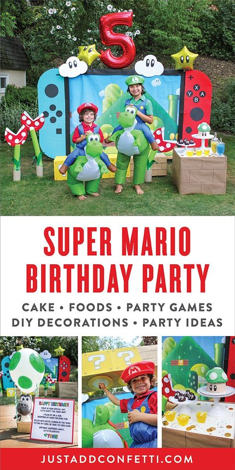 Level up! This Super Mario Birthday Party is so much fun! It's full of DIY party decorations, party food, a Super Mario Toad cake, and party games and activities! What a blast! If you have a little video game lover in your life this is the party for them! Also, be sure to download the free Yoshi egg hunt printable. Mario Kart Birthday Party Activities, Yoshi Birthday Party Decoration, Super Mario Birthday Party Activities, Super Mario Bros Party Games For Kids, Super Mario Party Activities, Mario Birthday Party Activities, Super Mario Bros Party Ideas Decoration Diy, Super Mario Birthday Games, Mario 6th Birthday Party