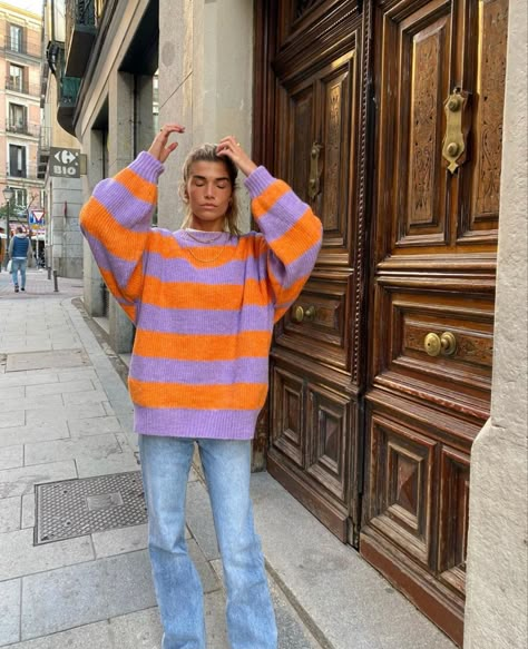 Bold Sweater Outfit, Danish Aesthetic Outfit, Colorful Striped Sweater Outfit, Simple Colorful Outfits, Pink And Lavender Outfit, Pop Of Colour Outfit, Blue Beanie Outfit, Colorful Sweater Outfit, Colorful Style Outfits