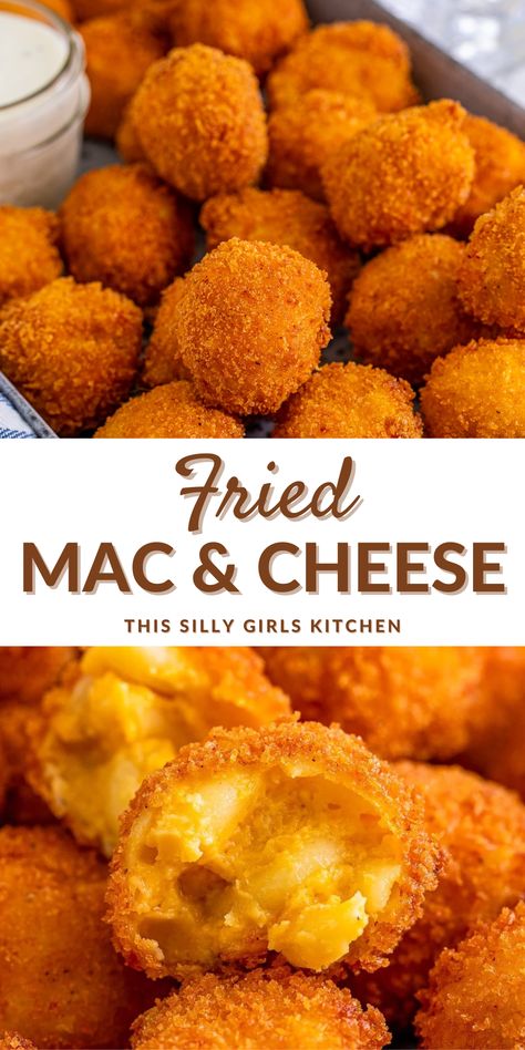 A fun, tasty, and easy treat, this Fried Mac and Cheese from This Silly Girl's Kitchen is gooey, cheesy, and crispy. The perfect game time treat or for a tasty appetizer for any occasion. This is a really family-friendly recipe, as who doesn’t love macaroni and cheese, but this recipe takes it up a notch by breading and deep frying it. Try it out today! Macaroni Balls Fried, Deep Fried Mac And Cheese, Fried Mac N Cheese, Deep Fried Bacon, Cheese Log Recipes, Fried Macaroni And Cheese, Food Recipes For Dinner, Diner Ideas, Fried Mac And Cheese