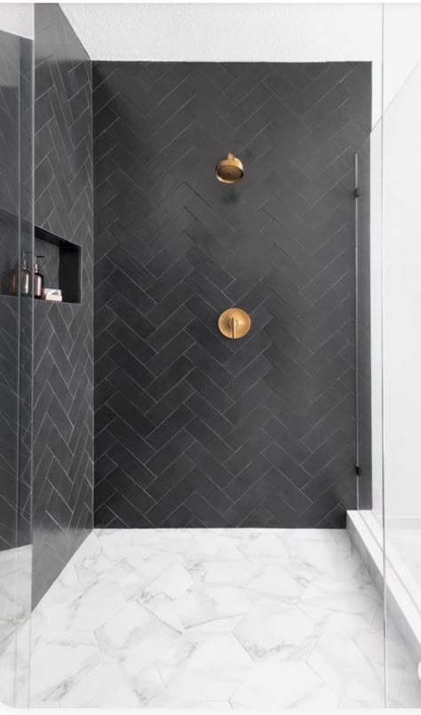 Black Shower White Floor, Joanna Gaines Shower Ideas, Black Floor And Shower Tile, Black Accent Wall Shower Tile, Master Bath Inspiration 2023, Dark Bathroom Wall Tile, Dark Grey Herringbone Tile Bathroom, Black Tile Backsplash Bathroom, Matte Black Shower Tile