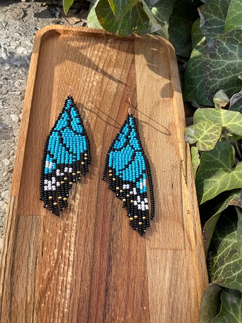 Blue Butterfly Wing Beaded Fringe Earrings Seed Bead Earrings - Etsy Ireland Blue Butterfly Wings, Butterfly Wing Earrings, Light Earrings, Brick Stitch Pattern, Wing Earrings, Beaded Fringe, Beading Projects, Butterfly Earrings, Pretty Earrings