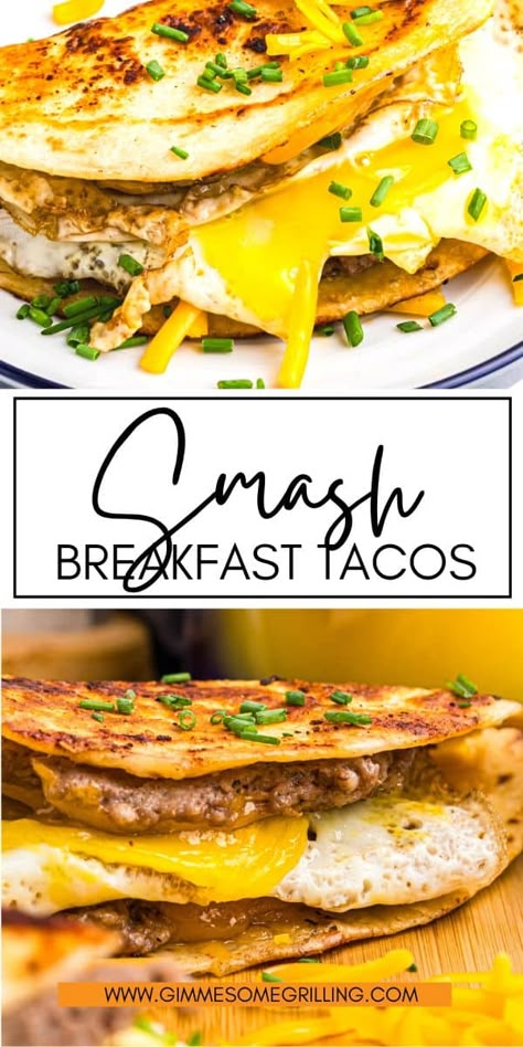 Fire up the Blackstone or your cast iron skillet and make these delicious Smash Breakfast Tacos! A crispy tortilla with a sausage patty and cheese. These easy breakfast tacos are delicious and so easy to make. Skillet Breakfast Ideas, Breakfast Ideas Skillet, Breakfast Ideas Blackstone, Breakfast Blackstone Griddle Recipes, Easy Blackstone Breakfast, Flat Top Breakfast Ideas, Grilled Breakfast Ideas, Easy Black Stone Camping Meals, Blackstone Brunch Ideas