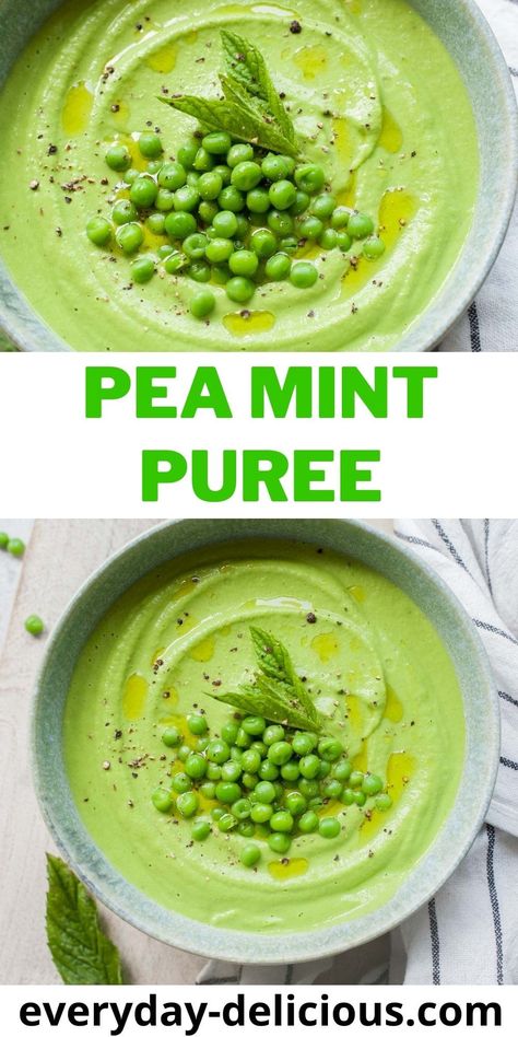 This delicious pea mint puree makes a great side dish that looks so pretty on a plate. It goes well with fish or chicken. Thanks to the addition of mint it's very flavorful. Try it with my pistachio crusted fish! Mint Leaves Recipe, Pea Puree, Mushy Peas, Peas Recipe, Mint Sauce, Pea Recipes, Slaw Recipes, Vegetable Puree, Pureed Food Recipes