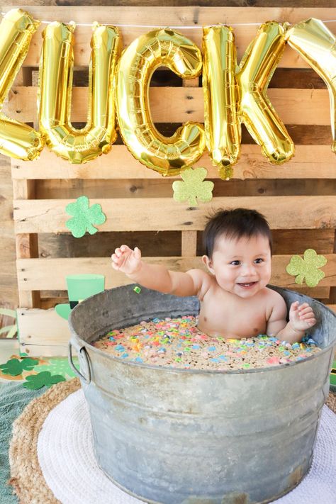 Lucky Charms Milk Bath, Lucky One First Birthday Centerpieces, Lucky Charms First Birthday, Lucky Charm 1st Birthday Party, First Birthday St Patricks Day, Lucky First Birthday, Lucky 1 Birthday Party, March 1st Birthday Ideas Boy, Lucky One Birthday Party Boy