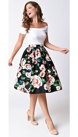 Unique Vintage Black & Pink Rose Print High Waist Swing Skirt Floral Print Dress Outfit, Printed Dress Outfit, Floral Skirt Outfits, Cute Skirt Outfits, Classy Dress Outfits, Floral Print Skirt, Southern Belle, Print Skirt, Classy Dress