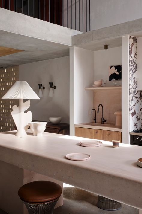 Boujee Apartment, Pink Concrete, Concrete Island, Editorial Styling, Georg Listing, Island Bench, Concrete Kitchen, Modern Home Office, Stunning Interiors