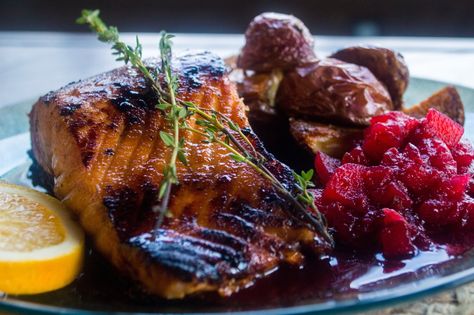 An entire dinner meal guaranteed to impress! Salmon and sweet are ... Whiskey Glaze, Maple Whiskey, Maple Glazed Salmon, Baby Red Potatoes, Cranberry Chutney, Dinner Meal, Glazed Salmon, Maple Glaze, Fresh Cranberries