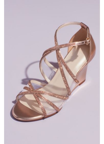 Crystal and Illusion Crossed Metallic Wedges HARLIE Fancy Wedges, Quince Shoes, Rose Gold Wedges, Rose Gold Gown, Old Rose Color, Colorful Bridal Bouquet, Rose Gold Shoes, Chelsea Wedding, Wedding Shoes Comfortable