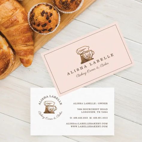 Rustic Woodgrain Style Bakery Stand Mixer Logo Business Card Bakery Moodboard, Bakery Stand, Bread Logo, Food Business Card, Blush Background, Baker Logo, Bakery Business Cards, Stylish Business Cards, Baking Business