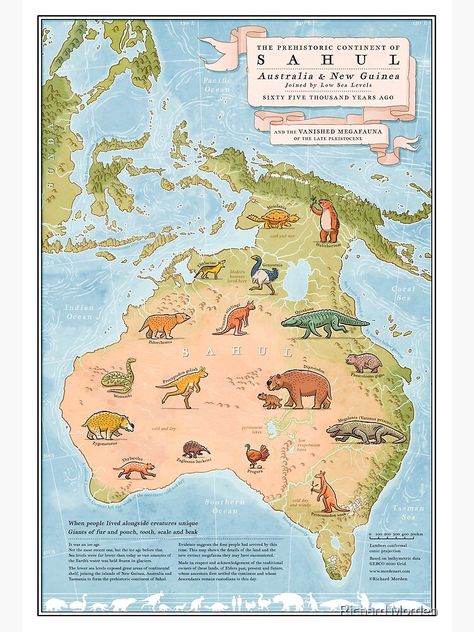 "The prehistoric continent Sahul and the vanished ice age megafauna" Art Print by morden | Redbubble Megafauna Art, Perang Dunia Ii, Prehistoric Age, Map Of Australia, History Of Earth, Australia Art, Fantasy World Map, Geography Map, Prehistoric World