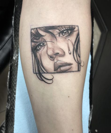 Lindsay Dorman on Instagram: “Put a girl face inside an existing square outline and snake for Alex today! Super fun! Thanks so much!” Mini Portrait Tattoo, Simple Portrait Tattoo, Tattoo Of A Woman Face, Small Realism Tattoo Ideas, Hair Line Tattoo, Woman’s Face Tattoo, Tattoo Of A Face, Girl Face Tattoo Design, Pop Art Tattoo Design