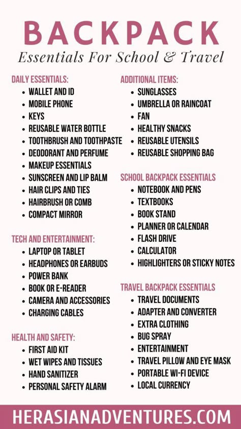 Backpack Essentials 2024: What You Actually Need | Her Asian Adventures Cute Bag School, Things You Should Have In Your School Bag, What To Put Into Your School Bag, Stuff In Backpack, Backbags For High School, How To Style A Backpack, Must Have Backpack Essentials, What To Back In Your School Bag, What's In My School Bag College