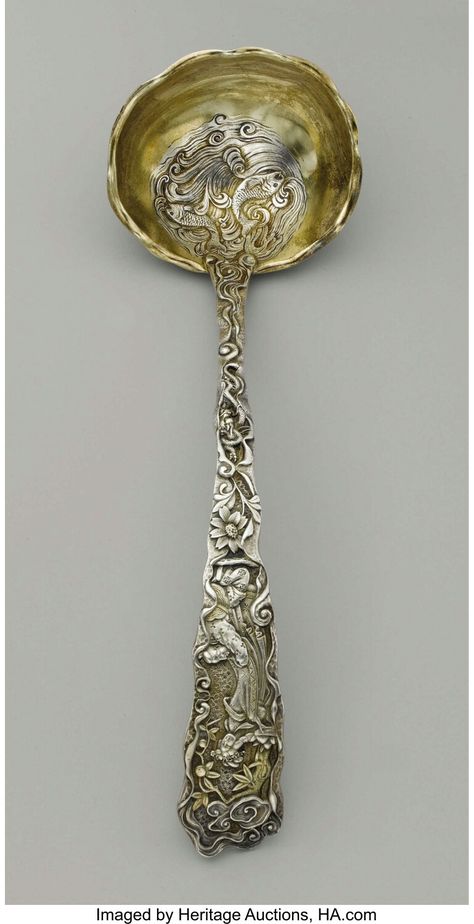 An American Silver Ladle  Gorham Manufacturing Company, Providence, Rhode Island Circa 1870-1880 "Hizen Pattern" silver and silver gilt Marks: (lion-anchor-G), STERLING 11 in. long, 6.47 troy ounces. Gorham Silver, Texas Art, Silver Flatware, American Indian Art, Contemporary Modern Art, Art Auction, Indian Art, American Art, Lalique